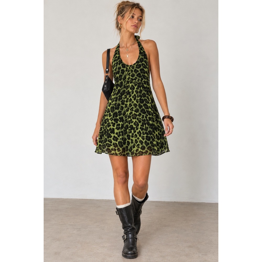 Alice + Olivia Lime Green Leopard Print Halter Mini Dress Open Back Chiffon